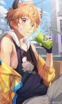  1boy artist_request bandaid chinese_commentary commentary_request cup day disposable_cup drink drinking drinking_straw highres holding holding_cup jacket looking_at_viewer male_focus muscular_shota orange_hair original reizu solo violet_eyes 