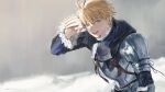  1boy ahoge armor arthur_pendragon_(fate) blonde_hair blue_eyes breastplate fate/grand_order fate/prototype fate/prototype:_fragments_of_blue_and_silver fate_(series) faulds gauntlets greaves green_eyes hair_between_eyes hands_up highres hood looking_at_viewer male_focus pauldrons short_hair shoulder_armor smile solo upper_body whitessen 