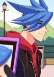  1boy 302 blue_hair cellphone eyes_visible_through_hair galo_thymos gloves half_gloves highres hood hoodie lio_fotia male_focus multiple_boys phone promare shirt sidecut smartphone solo_focus spiky_hair 