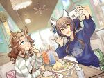  2girls animal_ears bangs blonde_hair blue_eyes blue_hair blue_sweater bright_pupils brown_hair ceiling_fan ceiling_light chair cup daitaku_helios_(umamusume) drinking_straw dutch_angle ear_covers elbows_on_table fang food fork grin hair_ornament hairclip highres holding holding_phone horse_ears horse_girl indoors jewelry knife long_sleeves mejiro_palmer_(umamusume) multicolored_hair multiple_girls napkin necklace open_mouth outstretched_arm people phone pillow plant ponytail poster_(object) potted_plant restaurant selfie shaka_sign shirt sitting smile striped striped_shirt sweater table two-tone_hair umamusume watch watch white_pupils yoshidanoe 