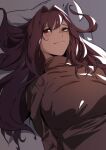  1girl absurdres blush breasts fate/grand_order fate_(series) hair_intakes highres hu_tu large_breasts long_hair long_sleeves looking_at_viewer lying pillow purple_hair red_eyes scathach_(fate) smile solo sweater very_long_hair 