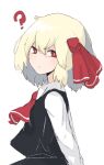  1girl ? arms_behind_back ascot black_dress blonde_hair closed_mouth collared_shirt commentary_request dress eyebrows_behind_hair frown hair_between_eyes hair_ribbon highres looking_to_the_side nueshiro1815 red_ascot red_eyes red_ribbon ribbon rumia shiny shiny_hair shirt short_hair simple_background solo touhou upper_body white_background white_shirt 