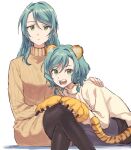  2girls :d akni animal_ears animal_hands aqua_hair bang_dream! bangs black_legwear black_shorts bow braid brown_sweater closed_mouth commentary_request crossed_legs dress eyebrows_visible_through_hair fangs feet_out_of_frame gloves green_eyes hair_between_eyes hair_bow hand_on_another&#039;s_leg hand_on_another&#039;s_shoulder hand_on_another&#039;s_thigh hand_up hikawa_hina hikawa_sayo invisible_chair korean_commentary leaning_forward long_hair long_sleeves looking_at_viewer multiple_girls open_mouth pantyhose paw_gloves ribbed_sweater seiza short_hair short_shorts shorts siblings side_braids simple_background sisters sitting smile sweater sweater_dress swept_bangs tail teeth tiger_ears tiger_paws tiger_tail turtleneck turtleneck_sweater twin_braids twins white_background white_sweater yellow_bow 