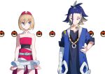  1boy 1girl adaman_(pokemon) aoi_(altea0923) arm_wrap bangs blonde_hair blue_coat blue_eyes blue_hair bracelet brown_eyes clenched_hands closed_mouth coat collar collarbone commentary_request earrings eyebrow_cut green_hair hair_between_eyes hairband hand_on_hip highres irida_(pokemon) jewelry open_clothes open_coat pokemon pokemon_(game) pokemon_legends:_arceus ponytail red_hairband red_shirt sash shirt short_hair shorts sideways_glance smile strapless strapless_shirt tied_hair waist_cape white_background white_shorts 