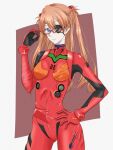  1girl ass_visible_through_thighs blue_eyes bodysuit border breasts brown_background brown_hair eyepatch glasses hair_between_eyes hand_on_eyewear hand_on_hip interface_headset long_hair medium_breasts neon_genesis_evangelion outside_border plugsuit rad_426 red-framed_eyewear red_bodysuit semi-rimless_eyewear solo souryuu_asuka_langley tight under-rim_eyewear white_border 