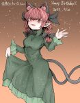  1girl :d \||/ animal_ear_fluff animal_ears black_bow blush bow braid brown_background cat_ears cat_tail dress extra_ears eyebrows_visible_through_hair fang fe_(tetsu) feet_out_of_frame green_dress hair_between_eyes hair_bow hair_ribbon hand_up high_collar highres kaenbyou_rin light_particles looking_at_viewer multiple_tails nekomata open_mouth pointy_ears red_eyes redhead ribbon simple_background skin_fang skirt_hold smile solo tail touhou tress_ribbon twin_braids twintails two_tails waving 