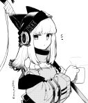  1girl animal_ears arknights beanie breasts clothes_writing cup eyebrows_visible_through_hair fox_ears frostleaf_(arknights) greyscale halberd hat headphones highres holding holding_cup holding_polearm holding_weapon implied_extra_ears jacket long_hair looking_at_viewer monochrome mug notice_lines off-shoulder_shirt off_shoulder open_clothes open_jacket oripathy_lesion_(arknights) over_shoulder polearm scarf shirt simple_background small_breasts solo twitter_username upper_body weapon weapon_over_shoulder white_background yom_(ymayma00ss) 