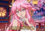  1990s_(style) 1girl artist_name cherry_blossoms eyebrows_visible_through_hair genshin_impact hanavbara lips looking_at_viewer parted_lips pink_hair pink_nails retro_artstyle smile solo subtitled upper_body violet_eyes yae_miko 