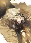  1girl animal_ear_fluff animal_ears arknights bangs bird black_scarf blonde_hair closed_mouth commentary_request dirty dirty_face expressionless feet_out_of_frame fingerless_gloves fox_ears fox_girl fox_tail gloves goggles goggles_on_head highres itecsan927 long_hair looking_at_viewer multiple_tails official_alternate_costume orange_eyes scarf solo suzuran_(arknights) suzuran_(lostlands_flowering)_(arknights) tail 