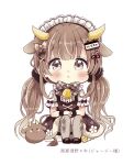  1girl :o animal animal_ears argyle argyle_legwear bangs bell black_dress black_footwear blush bow brown_eyes brown_hair chibi commentary_request cow cow_ears cow_girl cow_horns cow_tail dress eyebrows_visible_through_hair flower full_body fur-trimmed_dress fur_trim grey_legwear highres horns knees_up long_hair looking_at_viewer maid_headdress original pantyhose parted_lips plaid plaid_bow sakura_oriko shirt shoes short_sleeves simple_background sitting sleeveless sleeveless_dress solo tail translation_request twintails very_long_hair white_background white_flower white_shirt 