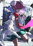  1girl 38_(sanjuuhachi) absurdres blurry blurry_background bun_cover chain commentary cowboy_shot depth_of_field double_bun flower foreshortening green_skirt hand_wraps highres ibaraki_kasen long_sleeves looking_at_viewer parted_lips pink_eyes pink_hair reaching_out red_flower shirt skirt solo touhou white_shirt 