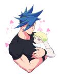  2boys 302 age_regression baby black_shirt blue_eyes blue_hair galo_thymos green_hair highres holding_person lio_fotia male_focus multiple_boys onesie promare shirt sidecut spiky_hair t-shirt violet_eyes younger 