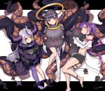  3girls :d absurdres ahoge ascot asymmetrical_legwear bangs bare_shoulders baseball_cap belt bibi_(tokoyami_towa) bird black_choker black_dress black_footwear black_gloves black_horns black_shirt black_shorts blue_eyes blush breasts choker claw_pose collar commentary commentary_request cropped_jacket crow_(la+_darknesss) demon_girl demon_horns demon_tail detached_sleeves doll_hug dress ear_piercing eyebrows_visible_through_hair eyelashes fake_horns fishnet_legwear fishnets flat_chest full_body gloves green_eyes grin hair_between_eyes hair_ornament hairclip halo halter_top halterneck hat heart heart_tattoo highres hololive hololive_english horned_headwear horns jacket la+_darknesss leg_tattoo long_hair long_sleeves looking_at_viewer mascot medium_breasts metal_collar midriff multicolored_hair multicolored_nails multiple_girls multiple_views ninomae_ina&#039;nis o-ring o-ring_choker object_hug open_hands piercing pink_hair platform_footwear pointy_ears purple_hair purple_legwear purple_nails shirt shoes short_shorts shorts silver_hair single_detached_sleeve single_leg_pantyhose single_thighhigh sitting sleeves_past_fingers sleeves_past_wrists smile solo squatting strapless strapless_dress streaked_hair stuffed_animal stuffed_toy tail tail_ornament tail_piercing tako_(ninomae_ina&#039;nis) tattoo teeth tentacle_hair tentacles thigh-highs thighs tokoyami_towa twintails two-tone_hair v-shaped_eyebrows very_long_hair virtual_youtuber white_belt white_jacket yellow_ascot yellow_eyes yo_na 