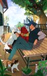  302 bench blue_hair cat denim dog firefighter firefighter_jacket galo_thymos green_hair highres jacket jeans lio_fotia male_focus outdoors pants plant potted_plant promare red_jacket sitting tree violet_eyes 
