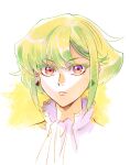  1boy 302 androgynous ascot blonde_hair colored_eyelashes earrings frilled_shirt_collar frills highres jewelry lio_fotia male_focus portrait promare sidelocks solo violet_eyes 