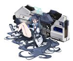  1girl absurdres arisu_(blue_archive) ass bangs bare_legs black_hair black_hairband blue_archive blue_eyes blush dark_blue_hair full_body hair_between_eyes hairband halo handheld_game_console highres holding holding_handheld_game_console huge_weapon jacket long_hair long_sleeves looking_at_viewer multicolored_hair necktie one_side_up open_clothes open_jacket open_mouth panties railgun school_uniform shirt shoes simple_background sitting sneakers solo toombo12 underwear very_long_hair weapon white_background white_panties white_shirt zipper 