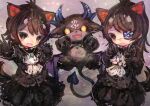  2girls :d absurdres alternate_costume animal_ears arm_up ascot australian_devil_(kemono_friends) bangs black_eyes black_sclera blouse blush brown_hair chibi claw_pose colored_inner_hair colored_sclera crossover debidebi_debiru demon demon_horns demon_tail demon_wings extra_ears eyepatch fang floating gloves grey_hair hand_up hands_up height_difference highres horns jewelry kemono_friends kemono_friends_3 long_hair looking_at_viewer maki_gamin multicolored_hair multiple_girls nijisanji no_pupils one_eye_covered open_mouth outstretched_arm parted_bangs pendant short_hair sidelocks skirt smile tail tasmanian_devil_(kemono_friends) tasmanian_devil_ears tasmanian_devil_tail two-tone_hair virtual_youtuber wings yellow_eyes 