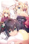  3girls animal_ear_fluff animal_ears bangs bare_shoulders black_hair blonde_hair blue_eyes eyebrows_visible_through_hair fox_ears fox_tail green_eyes hair_between_eyes hair_bun highres indoors japanese_clothes kimono konoha_(nozomi_tsubame) long_hair looking_at_viewer lying multiple_girls nozomi_tsubame obi original sash short_hair sitting smile suzuha_(nozomi_tsubame) tail yukiha_(nozomi_tsubame) 