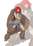  1girl armor bikini_armor boots brown_gloves cape full_body fur fur_cape gloves highres holding holding_weapon kapitan_gege lipstick long_hair makeup navel open_mouth parted_lips red_eyes red_lips red_sonja red_sonja_(comics) redhead sheath shoulder_armor shoulder_plates simple_background stomach strap sword teeth weapon white_background 