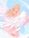  1girl angel_wings blonde_hair blue_sky cirrika closed_eyes closed_mouth commentary day dress feathered_wings from_side hands_up long_hair original own_hands_together pink_dress profile sky sleeveless sleeveless_dress solo wings 