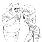  1boy 2boys 302 armband eyes_in_shadow fat fat_man graphite_(medium) greyscale highres lio_fotia male_focus monochrome multiple_boys otaku promare shirt sidelocks solo t-shirt traditional_media v 