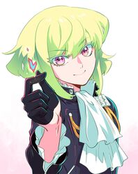  1boy 302 ascot black_gloves black_jacket finger_heart fire gloves green_fire green_hair half_gloves highres jacket lio_fotia male_focus promare purple_fire pyrokinesis solo violet_eyes 