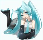  1girl animal_ears bare_shoulders black_legwear blue_eyes blue_hair blue_necktie boots breasts cat cat_ears cat_girl cat_tail collared_shirt detached_sleeves full_body hair_ornament hatsune_miku highres long_hair looking_at_viewer necktie open_mouth reirou_(chokoonnpu) shirt simple_background skirt sleeveless solo tail thigh-highs thigh_boots twintails very_long_hair vocaloid white_background 