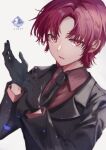  1girl absurdres adjusting_clothes adjusting_gloves bazett_fraga_mcremitz black_gloves fate/grand_order fate/hollow_ataraxia fate_(series) formal gloves highres mole mole_under_eye necktie nigiri purple_hair short_hair suit violet_eyes 