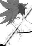 1boy 302 galo_thymos gloves greyscale halftone highres holding holding_polearm holding_weapon male_focus monochrome polearm portrait promare red_pupils solo spiky_hair spot_color weapon 
