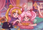  1990s_(style) 2girls animal_crossing animal_on_head artist_name bedroom bishoujo_senshi_sailor_moon blonde_hair blue_eyes cat cat_on_head character_request chibi_usa closed_mouth crescent crescent_facial_mark diana_(sailor_moon) double_bun facial_mark forehead_mark hair_cones hanavbara handheld_game_console holding holding_handheld_game_console indoors isabelle_(animal_crossing) k.k._slider_(animal_crossing) long_hair looking_at_another looking_away luna_(sailor_moon) multiple_girls night nintendo_switch on_head open_mouth pink_hair red_eyes retro_artstyle tom_nook_(animal_crossing) tongue tongue_out tsukino_usagi twintails window 