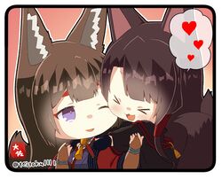  &gt;_&lt; 2girls :3 :d akagi_(azur_lane) amagi_(azur_lane) animal_ears azur_lane bangs blunt_bangs bridal_gauntlets brown_hair chibi commentary_request eyebrows_visible_through_hair fox_ears fox_girl fox_tail head_tilt heart hug hug_from_behind japanese_clothes kyuubi long_hair long_sleeves looking_at_another looking_back multiple_girls multiple_tails sidelocks simple_background smile spoken_heart tail taisa_(kari) thick_eyebrows twitter_username violet_eyes wide_sleeves x3 xd 