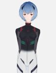  1girl arms_at_sides ayanami_rei black_bodysuit blue_hair bodysuit evangelion:_3.0+1.0_thrice_upon_a_time highres interface_headset kiramoti light_smile looking_at_viewer multicolored_bodysuit multicolored_clothes neon_genesis_evangelion plugsuit rebuild_of_evangelion red_eyes short_hair solo white_background white_bodysuit 