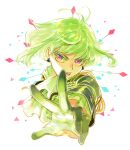 1boy 302 black_gloves earrings gloves green_hair green_theme half_gloves highres jewelry lio_fotia male_focus outstretched_hand promare solo violet_eyes 