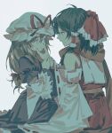  2girls :t bangs bare_shoulders blonde_hair bow brown_hair closed_mouth commentary_request detached_sleeves dress english_commentary frilled_bow frilled_hair_tubes frills hair_between_eyes hair_bow hair_ribbon hair_tubes hakurei_reimu hat hat_ribbon long_hair long_sleeves looking_at_another medium_hair mixed-language_commentary mob_cap multiple_girls muted_color nontraditional_miko open_mouth ouka_musci puffy_short_sleeves puffy_sleeves purple_dress red_bow red_ribbon red_shirt red_skirt ribbon ribbon-trimmed_sleeves ribbon_trim scarf shirt short_sleeves sidelocks simple_background sitting skirt skirt_set sleeveless sleeveless_shirt touhou violet_eyes white_background white_headwear wide_sleeves yakumo_yukari yakumo_yukari_(young) younger 