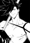  1boy 302 galo_thymos greyscale high_contrast highres holding holding_polearm holding_weapon male_focus monochrome pectorals polearm promare sidecut smile solo spiky_hair topless_male upper_body weapon 