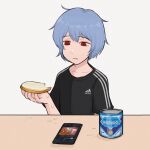  :t adidas ayanami_rei black_shirt blue_hair bread bread_slice can canned_food cellphone collarbone commentary condensed_milk eating empty_eyes english_commentary food half-closed_eyes highres holding holding_food looking_down messy neon_genesis_evangelion nvi2762 phone reading red_eyes sad shirt short_hair short_sleeves simple_background smartphone table white_background 