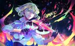  1boy 302 ascot black_gloves bow_(music) character_name colored_eyelashes colorful copyright_name earrings fire frilled_shirt_collar frills gloves green_hair half_gloves instrument jewelry lio_fotia male_focus music playing_instrument promare solo violin 