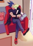  2boys 302 apartment blue_hair casual couch galo_thymos green_hair highres indoors lio_fotia male_focus multiple_boys promare shirt sitting sitting_on_lap sitting_on_person sleeping spiky_hair t-shirt 