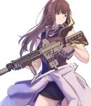  1girl 3_small_spiders absurdres assault_rifle bangs black_scarf black_shorts brown_eyes brown_hair brown_sweater_vest closed_mouth clothes_around_waist eyebrows_visible_through_hair feet_out_of_frame girls_frontline gloves grey_gloves gun headphones headset highres holding holding_gun holding_weapon jacket jacket_around_waist long_hair looking_away m4_carbine m4a1_(girls&#039;_frontline) multicolored_hair rifle scarf shorts solo standing sweater_vest walkie-talkie weapon white_background 