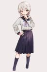  1boy :o bangs black_sailor_collar blush braid crossdressing grey_background grey_eyes hair_between_eyes hand_on_hip highres juusan_kihei_bouei_ken long_hair long_sleeves male_focus neckerchief okino_tsukasa otoko_no_ko parted_lips pleated_skirt purple_neckerchief sailor_collar school_uniform serafuku silver_hair simple_background skirt solo soto twin_braids 