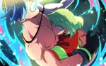  2boys 302 between_pectorals blue_fire blue_hair blurry breathing_fire depth_of_field fire firefighter firefighter_jacket galo_thymos gloves green_hair hair_over_eyes head_between_pecs highres hug lio_fotia male_focus multiple_boys pectorals pink_fire promare sweat topless_male violet_eyes 
