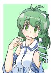  1girl absurdres blush border breasts detached_sleeves eyebrows_visible_through_hair frog_hair_ornament green_eyes green_hair hair_ornament highres kochiya_sanae long_hair looking_at_viewer medium_breasts nontraditional_miko outside_border pointing pointing_at_self side_ponytail snake_hair_ornament solo touhou upper_body wavy_mouth white_border wide_sleeves yama_dango 