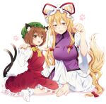  2girls :3 animal_ear_fluff animal_ears arm_support bangs blonde_hair bobby_socks bow bowtie breasts brown_eyes brown_hair cat_day cat_ears cat_tail chen commentary dress earrings fang frilled_dress frilled_legwear frills green_headwear hair_bow hand_up hands_up hat hat_ribbon jewelry kemonomimi_mode kirisita large_breasts light_blush long_hair long_sleeves looking_at_viewer mandarin_collar mob_cap multiple_girls multiple_tails no_shoes open_mouth parted_lips paw_pose paw_print paw_print_background purple_tabard red_bow red_dress red_ribbon ribbon short_hair single_earring sitting sleeve_ribbon smile socks tabard tail touhou two_tails very_long_hair wariza white_background white_dress white_legwear wide_sleeves yakumo_yukari yellow_bow yellow_eyes yellow_ribbon 
