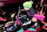  1boy 302 alternate_hairstyle anime_coloring black_gloves fire gloves green_hair ground_vehicle hair_up half_gloves highres jacket jewelry leather leather_jacket lio_fotia male_focus motor_vehicle motorcycle promare ring short_ponytail solo violet_eyes wedding_band 