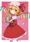  1girl absurdres animal_ears ascot bangs bear_ears black_eyes blonde_hair blush border collared_shirt commentary_request crossed_arms crystal dark_skin eyebrows_visible_through_hair flandre_scarlet frilled_shirt_collar frilled_skirt frills hair_between_eyes hat hat_ribbon highres hug jewelry looking_to_the_side miz_(mizillustration) mob_cap multicolored_wings one_side_up open_mouth pink_background pink_headwear pink_shirt polka_dot polka_dot_background puffy_short_sleeves puffy_sleeves red_eyes red_ribbon red_skirt red_vest ribbon shirt short_hair short_sleeves skirt solo standing stuffed_animal stuffed_toy teddy_bear touhou vest white_border wings yellow_ascot 