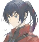  1boy absurdres bangs black_hair blue_eyes fujie_xy hair_tie highres jacket long_hair male_focus noah_(xenoblade) ponytail red_jacket shirt simple_background solo xenoblade_chronicles_(series) xenoblade_chronicles_3 