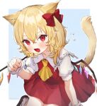  1girl :d animal_ears ascot blonde_hair blue_background blurry blush border bow cat_ears cat_tail crystal depth_of_field fang feet_out_of_frame flandre_scarlet frilled_shirt_collar frills hair_bow hand_up honotai kemonomimi_mode long_hair looking_at_viewer no_hat no_headwear one_side_up open_mouth outside_border paw_pose puffy_short_sleeves puffy_sleeves red_bow red_eyes red_skirt red_vest short_sleeves simple_background skin_fang skirt smile solo tail touhou vest white_border wings yellow_ascot 