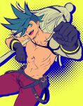  1boy 302 black_gloves blue_eyes blue_hair clenched_hand flat_color galo_thymos gloves halftone halftone_background highres male_focus matoi pectorals promare sidecut solo spiky_hair topless_male 