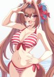  1girl :d animal_ears bikini bow breasts daiwa_scarlet_(umamusume) fang gradient gradient_background grey_background hair_bow hand_on_hip horse_ears horse_girl horse_tail large_breasts long_hair looking_at_viewer nanao_(naoekaki25) navel red_bikini red_bow red_eyes redhead smile solo striped striped_bikini swimsuit tail tiara umamusume very_long_hair white_background 