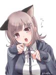  1girl animal_ears bangs black_jacket black_shirt breasts cat_ears cat_girl collared_shirt danganronpa_(series) danganronpa_2:_goodbye_despair dress_shirt eyebrows_visible_through_hair flipped_hair galaga grey_background hair_ornament hands_up jacket large_breasts light_brown_hair long_sleeves medium_hair nanami_chiaki neck_ribbon open_clothes open_jacket pink_ribbon ribbon shirt simple_background sleeves_past_wrists teeth tonari_no_koneko translation_request twitter_username two-tone_shirt upper_teeth 